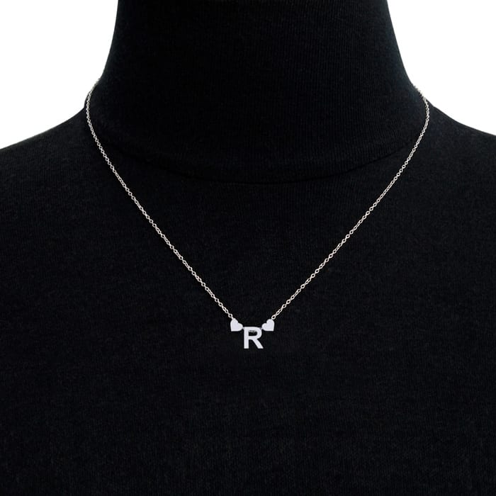 "R" Dainty Block Initial Necklace With Hearts In White Gold Overlay, All Letters Available, Free 17 Inch Cable Chain