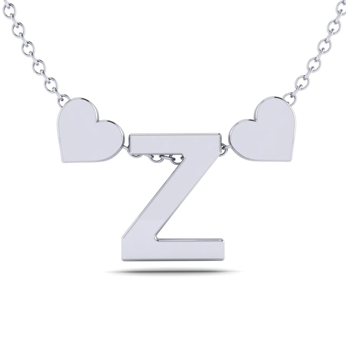 "Z" Dainty Block Initial Necklace With Hearts In White Gold Overlay, All Letters Available, Free 17 Inch Cable Chain