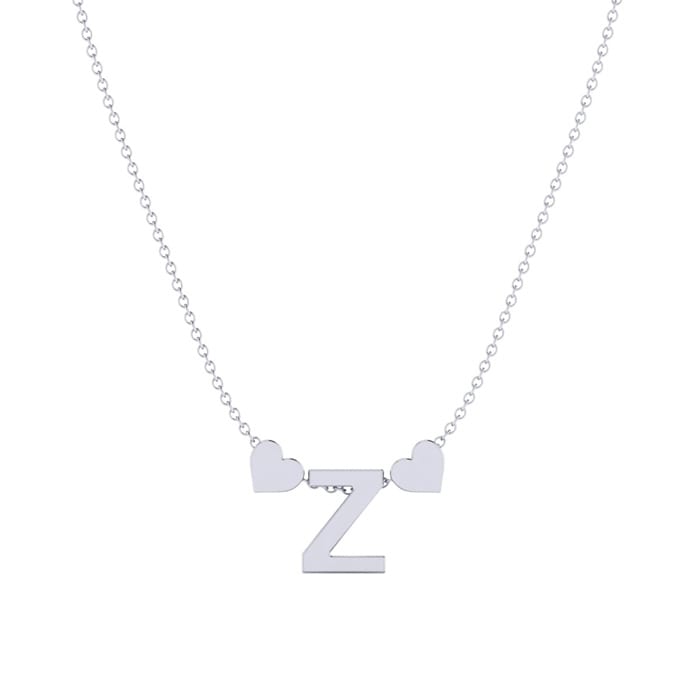 "Z" Dainty Block Initial Necklace With Hearts In White Gold Overlay, All Letters Available, Free 17 Inch Cable Chain