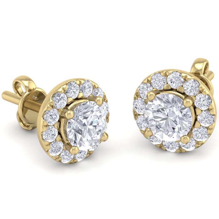 1 1/2 Carat Halo Diamond Stud Earrings In 14 Karat Yellow Gold