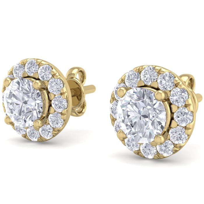 1 1/2 Carat Halo Diamond Stud Earrings In 14 Karat Yellow Gold