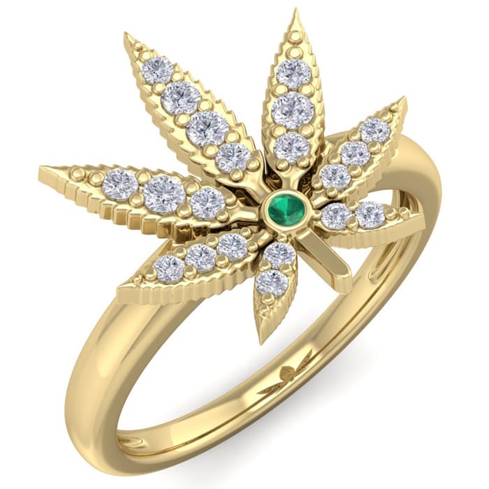 1/5 Carat Diamond and Emerald Weed Leaf Ring In 14K Yellow Gold