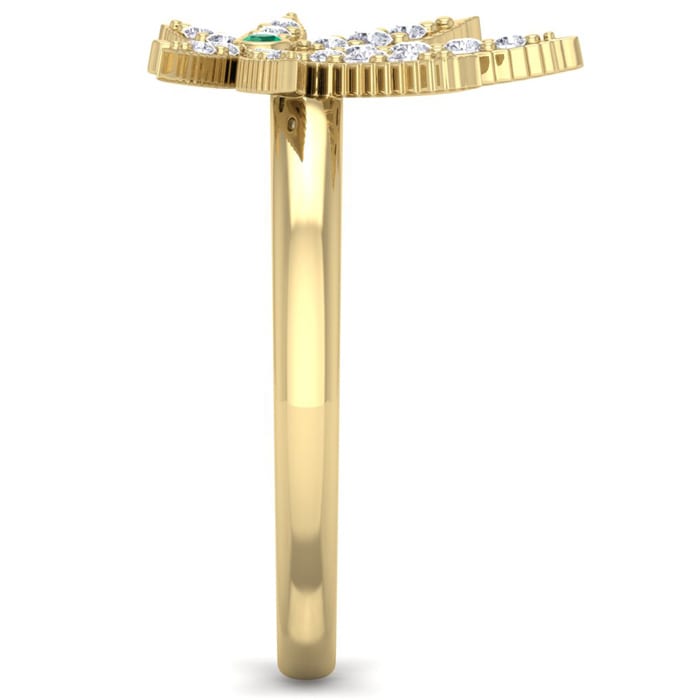 1/5 Carat Diamond and Emerald Weed Leaf Ring In 14K Yellow Gold