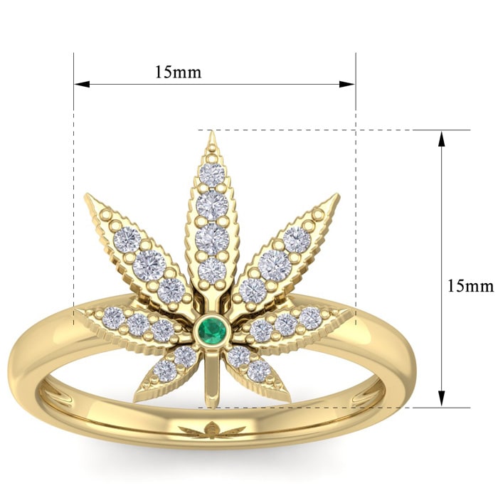 1/5 Carat Diamond and Emerald Weed Leaf Ring In 14K Yellow Gold