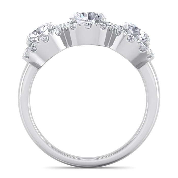 2 Carat Round Shape Halo Diamond Three Stone Ring In 14K White Gold