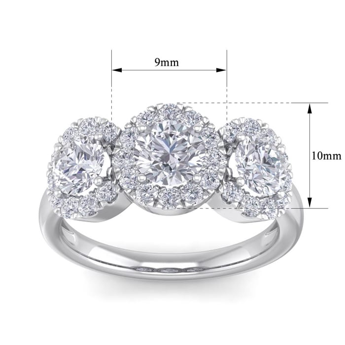 2 Carat Round Shape Halo Diamond Three Stone Ring In 14K White Gold