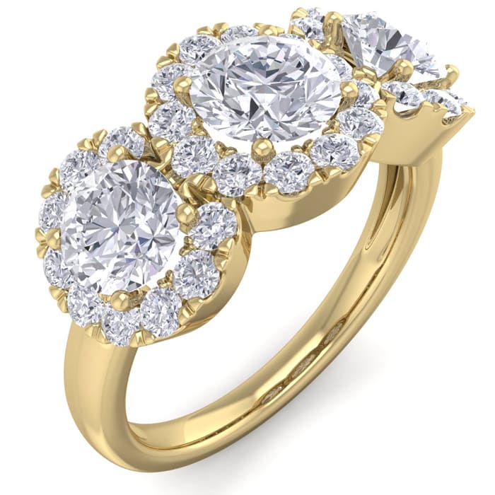 2 Carat Round Shape Halo Diamond Three Stone Ring In 14K Yellow Gold