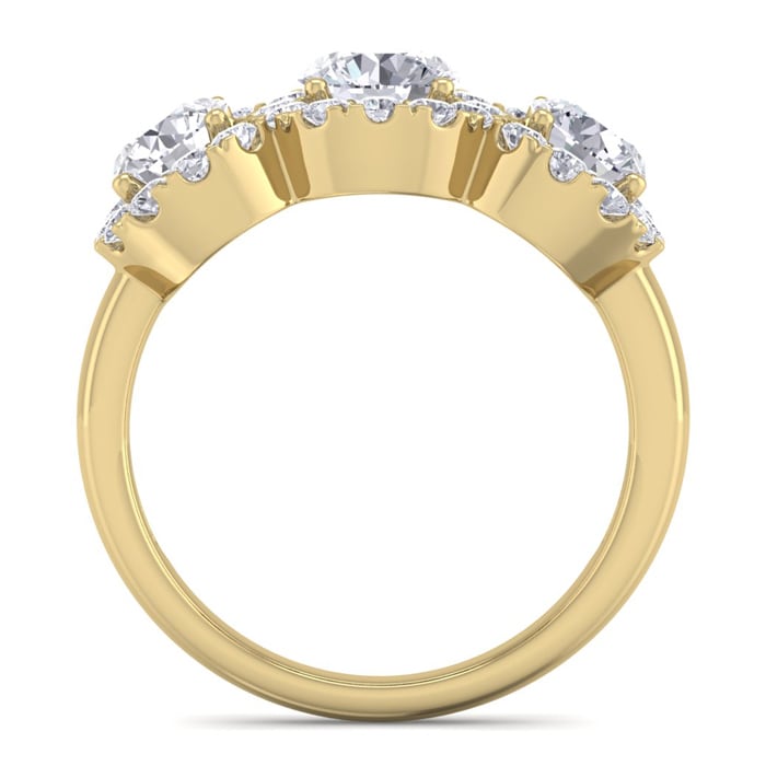 2 Carat Round Shape Halo Diamond Three Stone Ring In 14K Yellow Gold