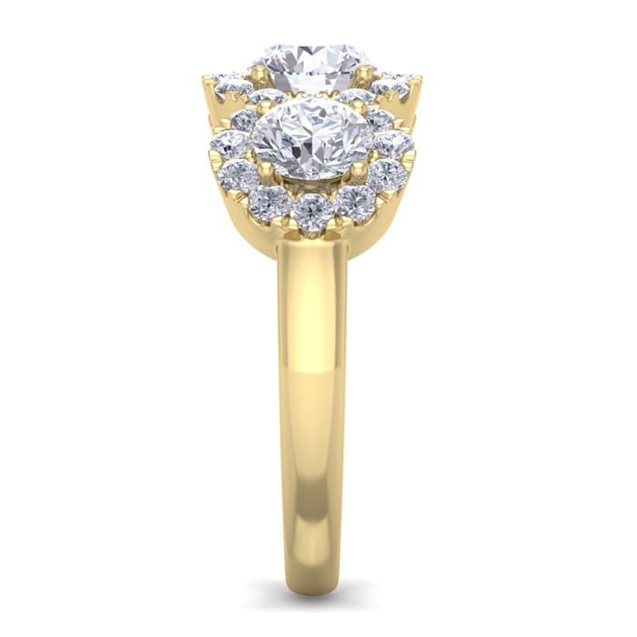2 Carat Round Shape Halo Diamond Three Stone Ring In 14K Yellow Gold