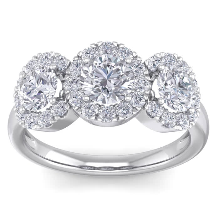 Gorgeous New 2 Carat Round Shape Halo Diamond Three Stone Ring In 14K White Gold. All Ring Sizes Available!