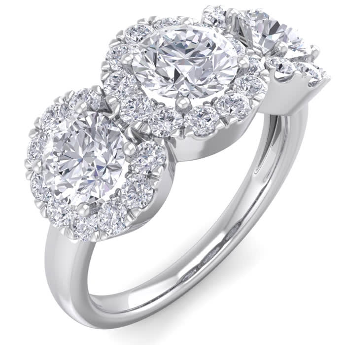 Gorgeous New 2 Carat Round Shape Halo Diamond Three Stone Ring In 14K White Gold. All Ring Sizes Available!