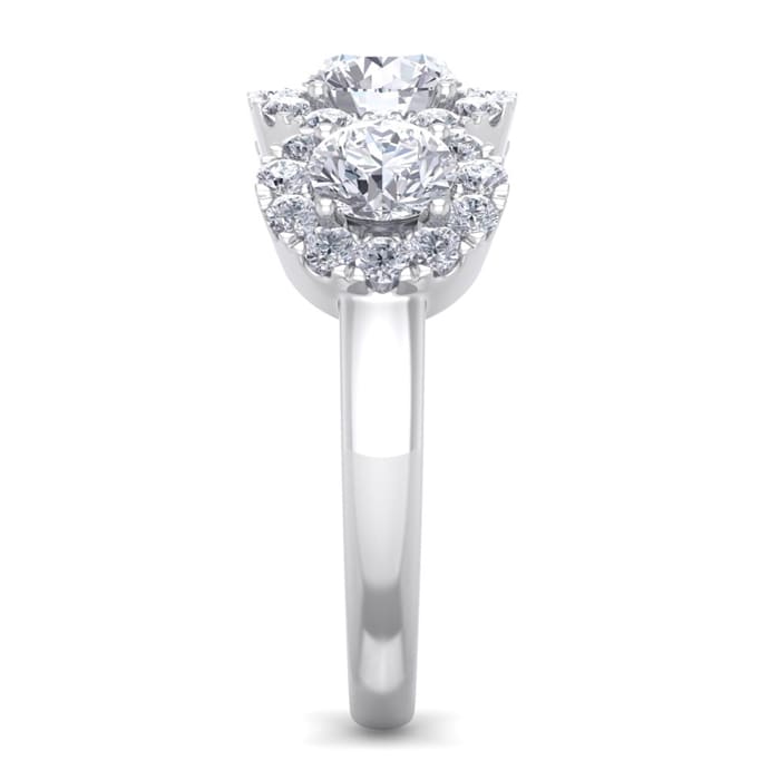 Gorgeous New 2 Carat Round Shape Halo Diamond Three Stone Ring In 14K White Gold. All Ring Sizes Available!