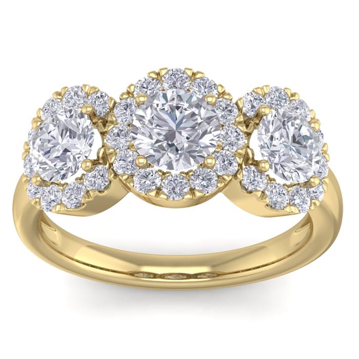 Gorgeous New 2 Carat Round Shape Halo Diamond Three Stone Ring In 14K Yellow Gold. All Ring Sizes Available!