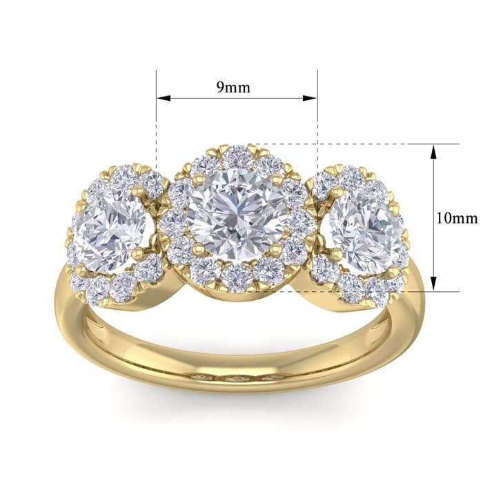 Gorgeous New 2 Carat Round Shape Halo Diamond Three Stone Ring In 14K Yellow Gold. All Ring Sizes Available!