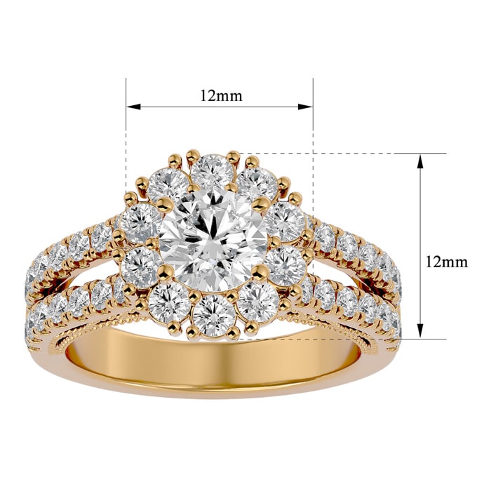 2 1/4 Carat Round Shape Halo Diamond Engagement Ring In 14K Yellow Gold