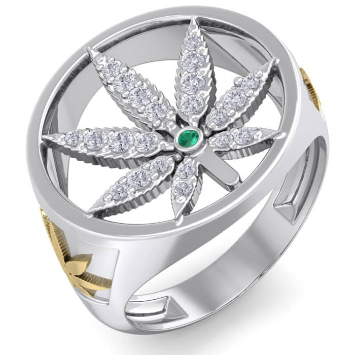 Mens 1/3 Carat Diamond and Emerald Weed Leaf Ring In 14K White Gold
