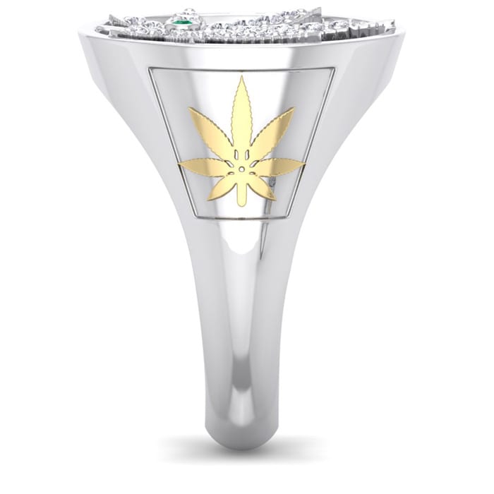 Mens 1/3 Carat Diamond and Emerald Weed Leaf Ring In 14K White Gold