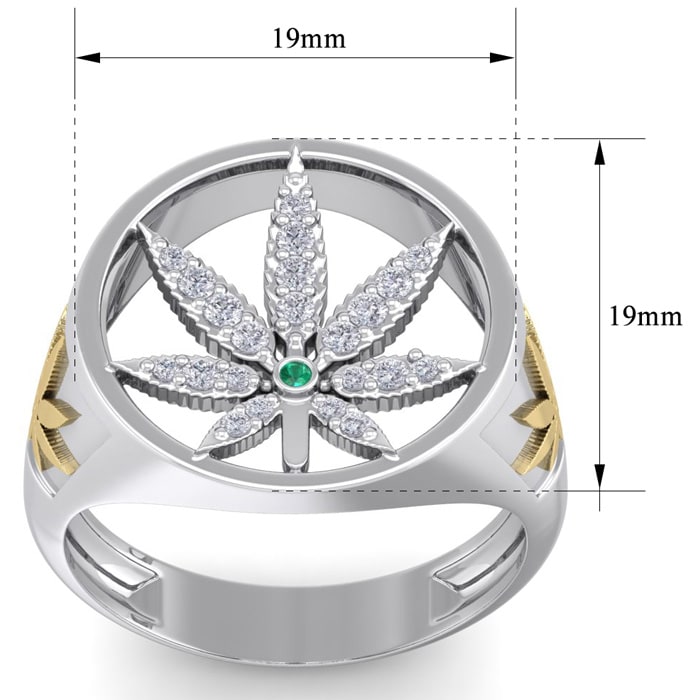Mens 1/3 Carat Diamond and Emerald Weed Leaf Ring In 14K White Gold