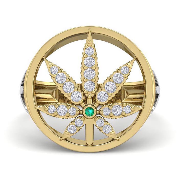 Mens 1/3 Carat Diamond and Emerald Weed Leaf Ring In 14K Yellow Gold