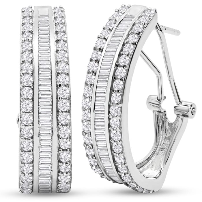 2 Carat Baguette and Round Colorless Diamond Hoop Earrings In Sterling Silver. Large, Brilliant and Gorgeous!