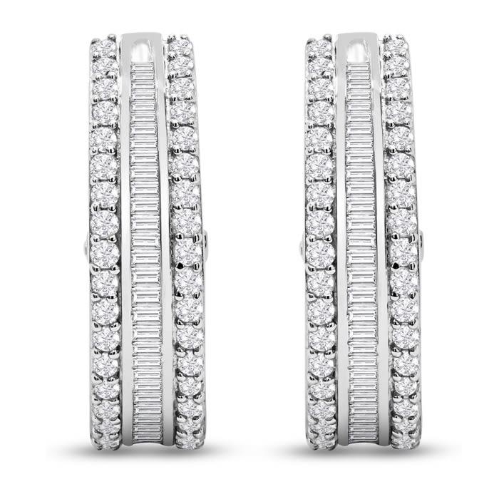 2 Carat Baguette and Round Colorless Diamond Hoop Earrings In Sterling Silver. Large, Brilliant and Gorgeous!