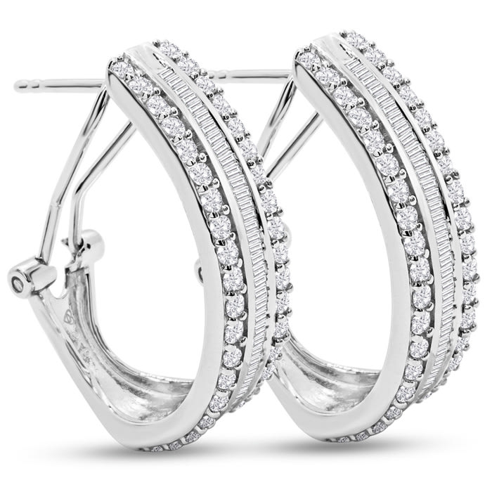 2 Carat Baguette and Round Colorless Diamond Hoop Earrings In Sterling Silver. Large, Brilliant and Gorgeous!
