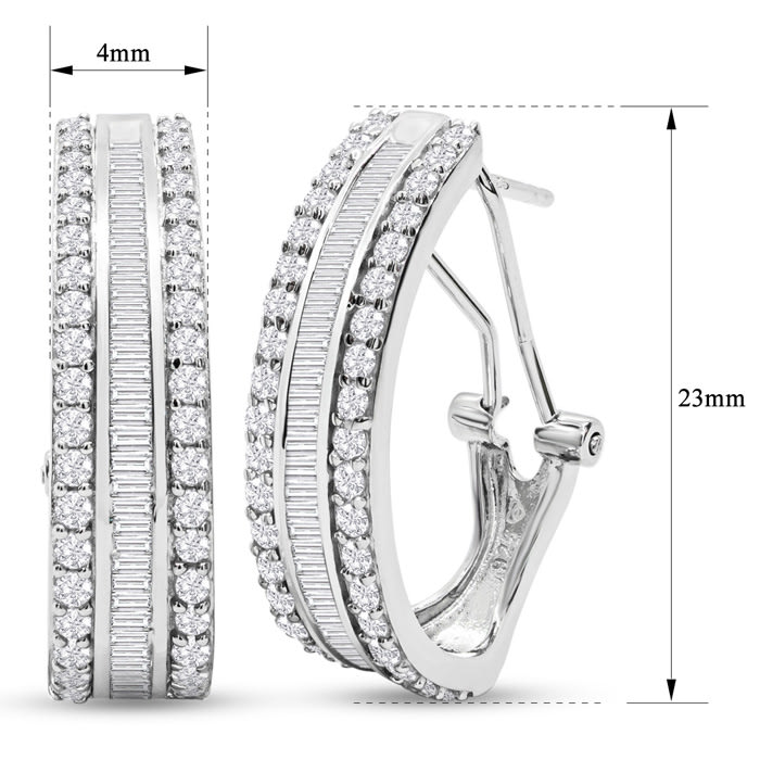 2 Carat Baguette and Round Colorless Diamond Hoop Earrings In Sterling Silver. Large, Brilliant and Gorgeous!