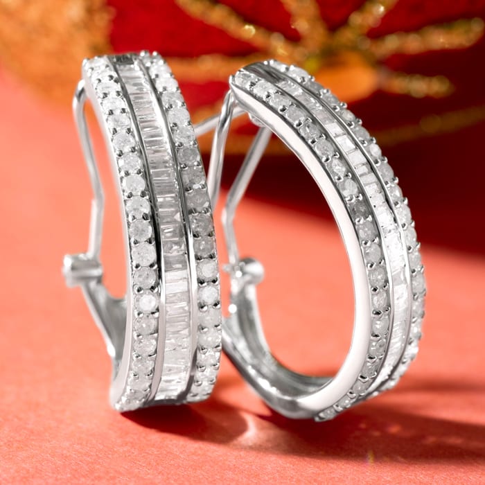 2 Carat Baguette and Round Colorless Diamond Hoop Earrings In Sterling Silver. Large, Brilliant and Gorgeous!