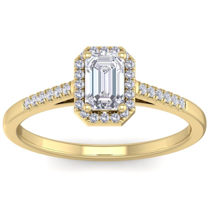 3/4 Carat Emerald Cut Halo Diamond Engagement Ring In 14K Yellow Gold