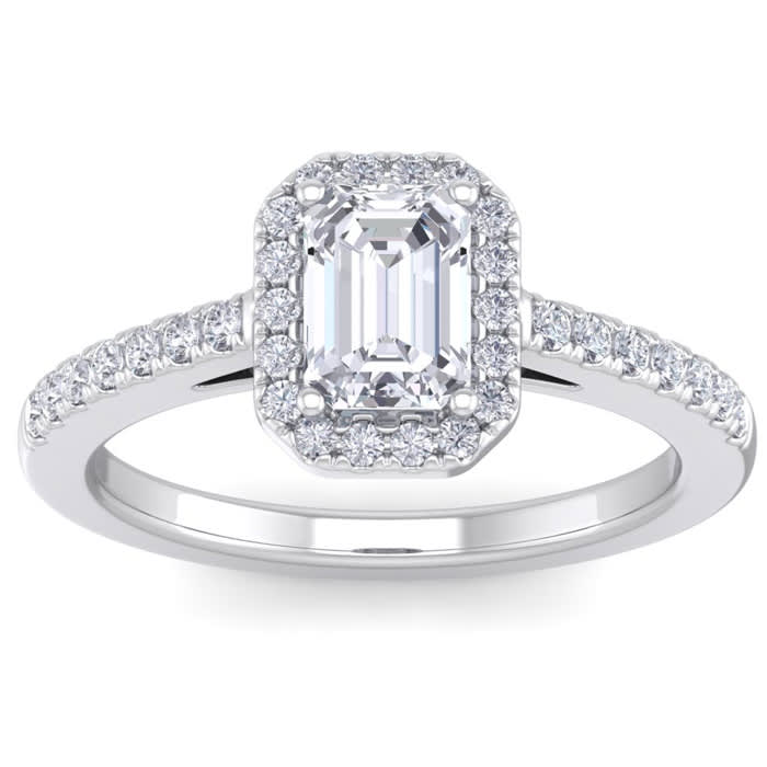 1 1/2 Carat Emerald Cut Halo Diamond Engagement Ring In 14K White Gold