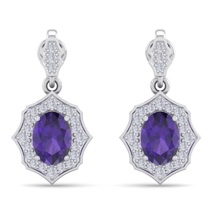 1 2/3 Carat Oval Shape Amethyst and Diamond Dangle Earrings In 14 Karat White Gold