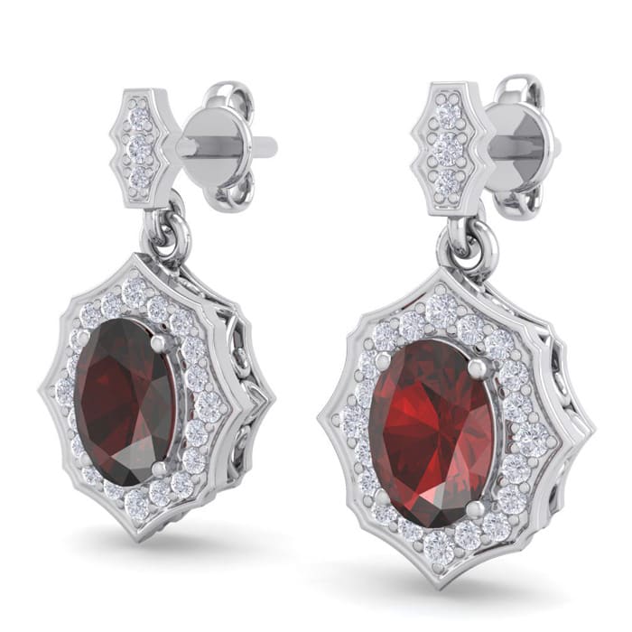 Garnet Earrings: Garnet Jewelry: 2 1/4 Carat Oval Shape Garnet and Diamond Dangle Earrings In 14 Karat White Gold