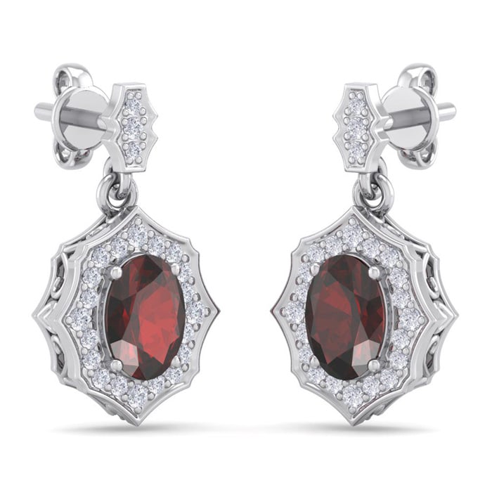 Garnet Earrings: Garnet Jewelry: 2 1/4 Carat Oval Shape Garnet and Diamond Dangle Earrings In 14 Karat White Gold
