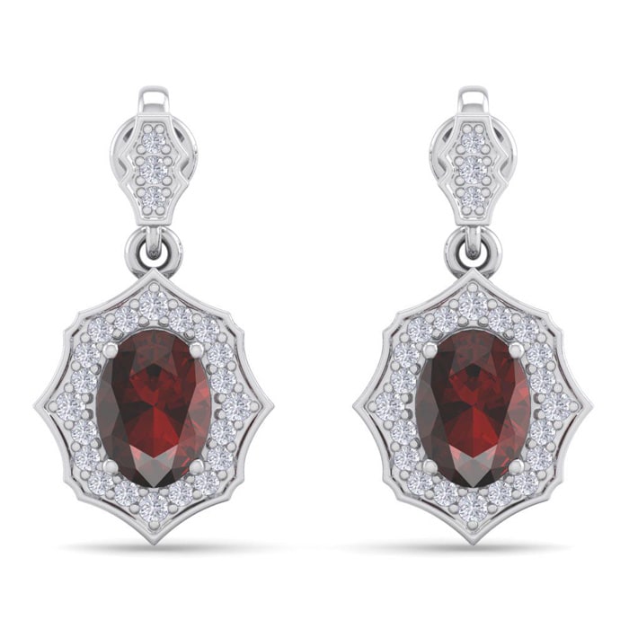 Garnet Earrings: Garnet Jewelry: 2 1/4 Carat Oval Shape Garnet and Diamond Dangle Earrings In 14 Karat White Gold