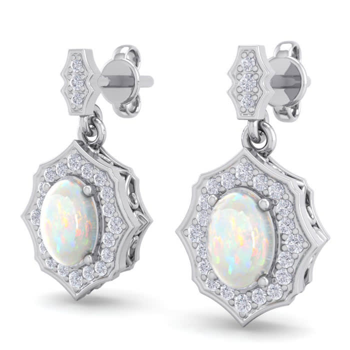 1-3/4 Carat Oval Shape Opal with Diamonds Dangle Earrings In 14 Karat White Gold