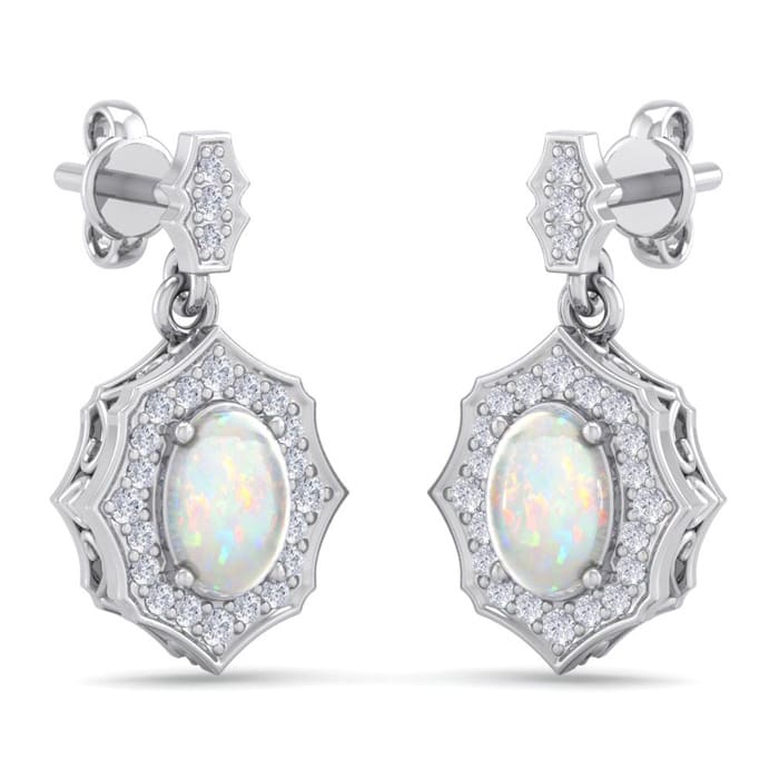 1-3/4 Carat Oval Shape Opal with Diamonds Dangle Earrings In 14 Karat White Gold