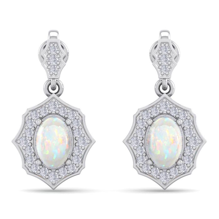 1-3/4 Carat Oval Shape Opal with Diamonds Dangle Earrings In 14 Karat White Gold