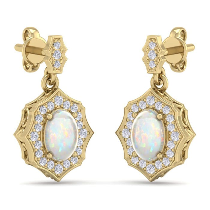 1-3/4 Carat Oval Shape Opal with Diamonds Dangle Earrings In 14 Karat Yellow Gold