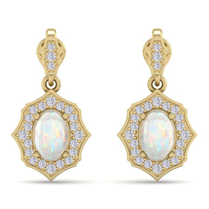 1-3/4 Carat Oval Shape Opal with Diamonds Dangle Earrings In 14 Karat Yellow Gold