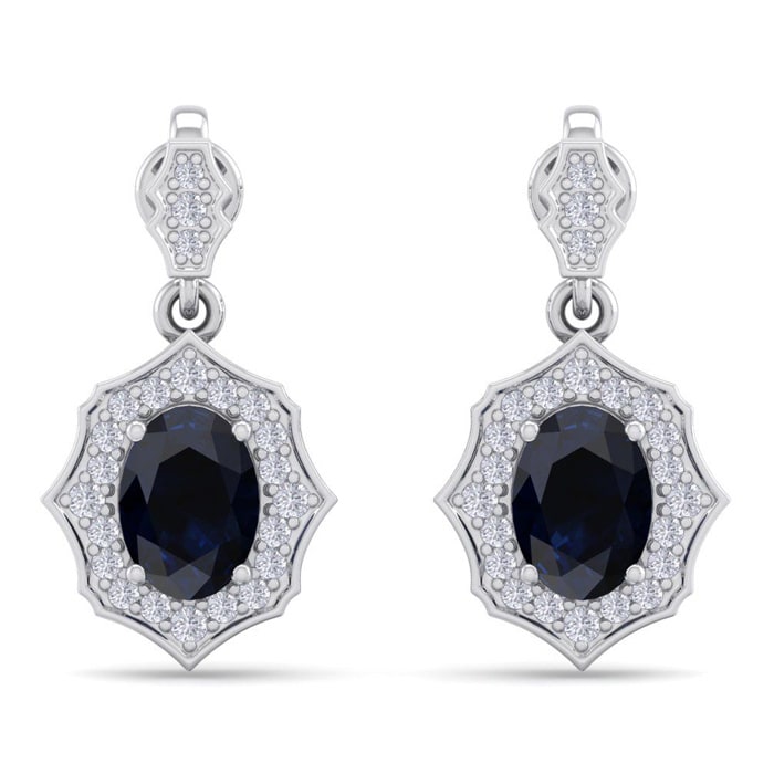 2 1/4 Carat Oval Shape Sapphire and Diamond Dangle Earrings In 14 Karat White Gold