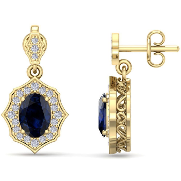 2 1/4 Carat Oval Shape Sapphire and Diamond Dangle Earrings In 14 Karat Yellow Gold