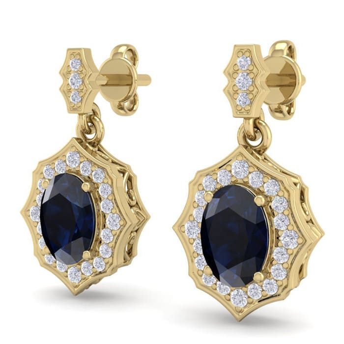 2 1/4 Carat Oval Shape Sapphire and Diamond Dangle Earrings In 14 Karat Yellow Gold