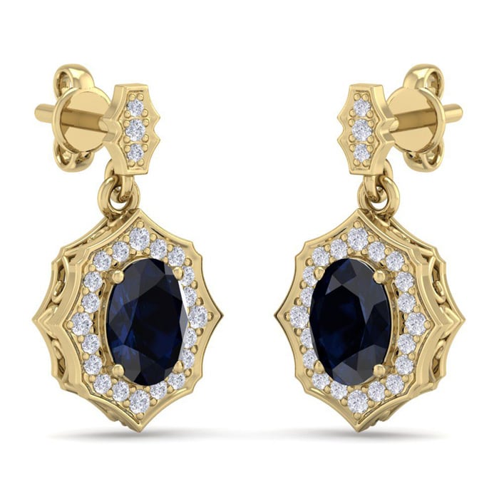 2 1/4 Carat Oval Shape Sapphire and Diamond Dangle Earrings In 14 Karat Yellow Gold