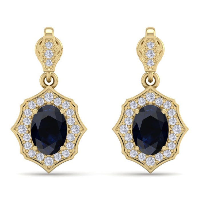 2 1/4 Carat Oval Shape Sapphire and Diamond Dangle Earrings In 14 Karat Yellow Gold