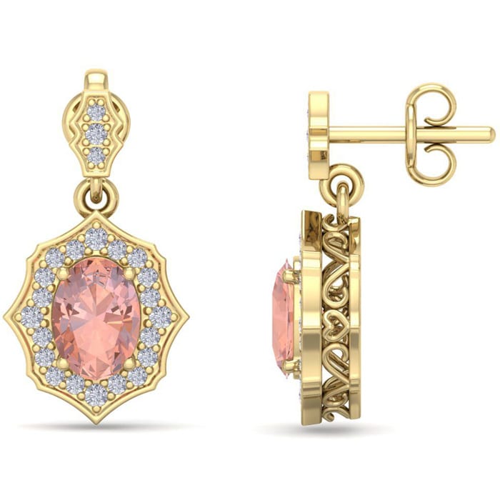 1-3/4 Carat Oval Shape Morganite Earrings and Diamond Halo Dangles In 14 Karat Yellow Gold