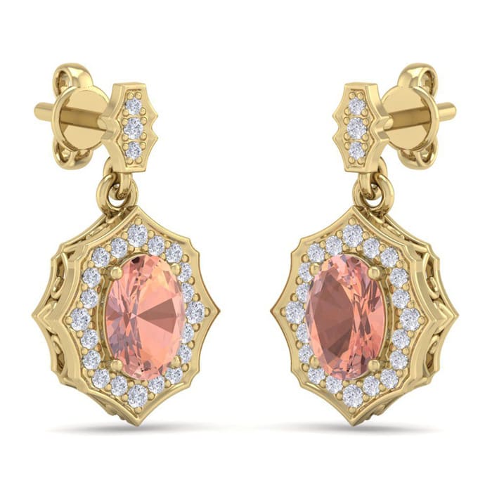 1-3/4 Carat Oval Shape Morganite Earrings and Diamond Halo Dangles In 14 Karat Yellow Gold