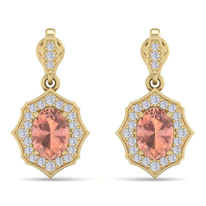 1-3/4 Carat Oval Shape Morganite Earrings and Diamond Halo Dangles In 14 Karat Yellow Gold