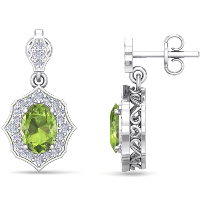 2 Carat Oval Shape Peridot and Diamond Dangle Earrings In 14 Karat White Gold