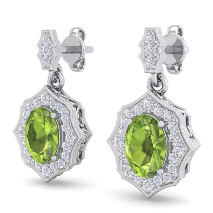 2 Carat Oval Shape Peridot and Diamond Dangle Earrings In 14 Karat White Gold
