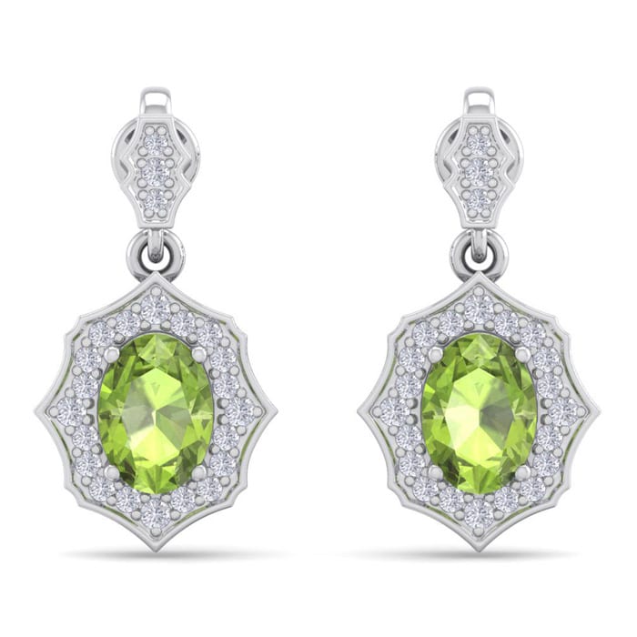 2 Carat Oval Shape Peridot and Diamond Dangle Earrings In 14 Karat White Gold